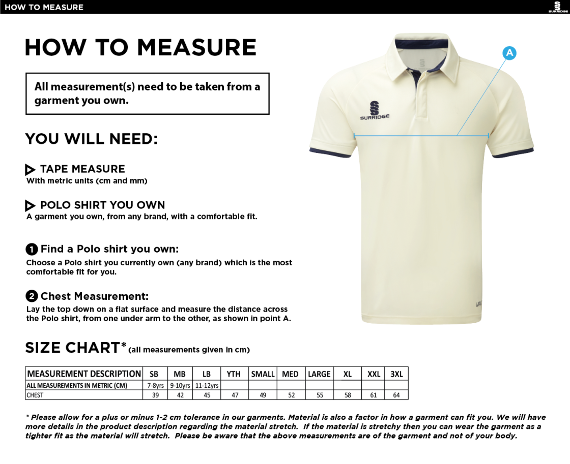 Stalbridge CC - Ergo Short Sleeved Playing Shirt - Size Guide