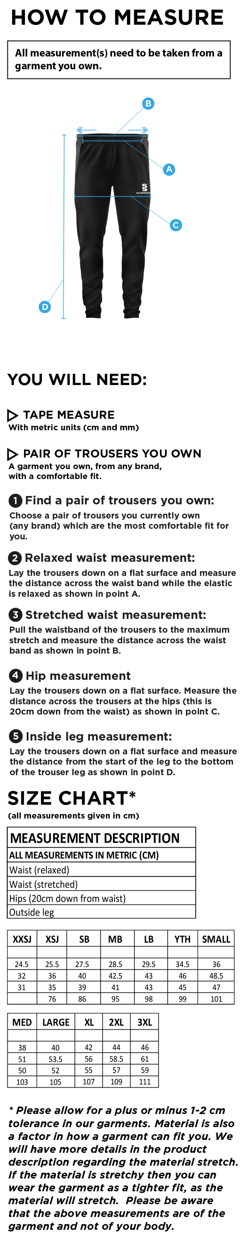 Stalbridge CC - Tek Slim Pants - Size Guide