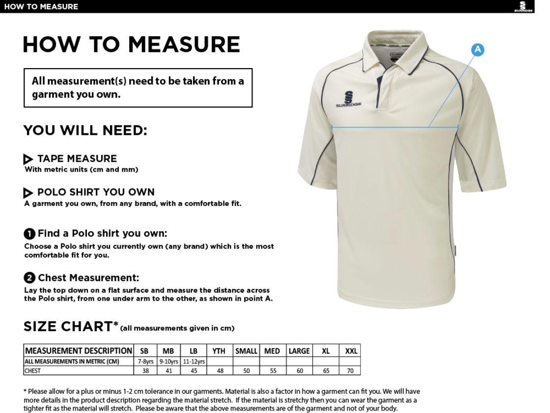 Stalbridge CC - Premier 3/4 Sleeved Shirt - Size Guide