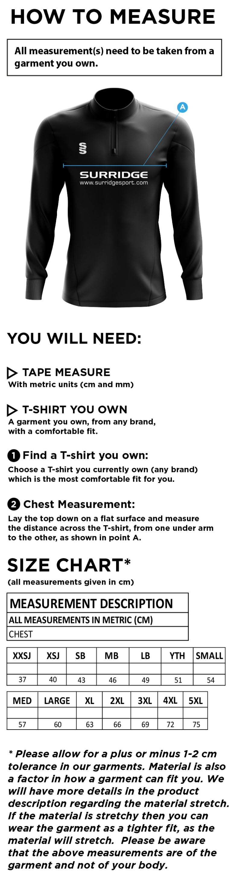 Stalbridge CC - Blade Performance Tops - Size Guide