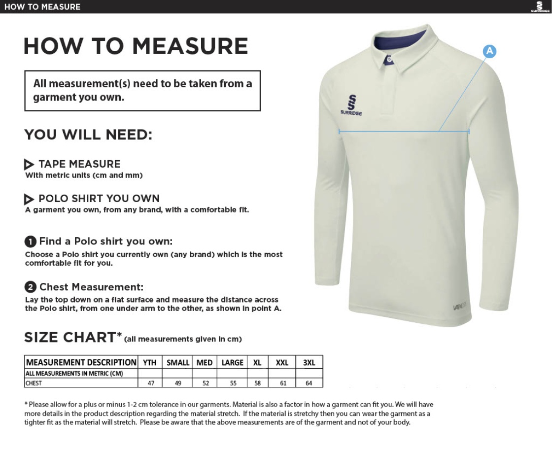 Stalbridge CC - Ergo Long Sleeved Playing Shirt - Size Guide