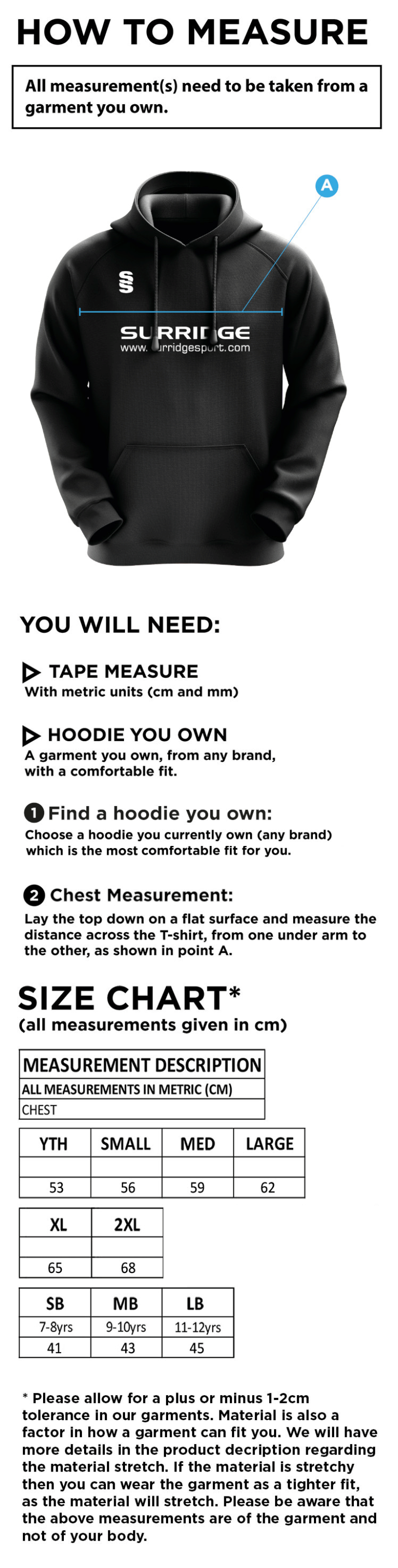 Stalbridge CC - Blade Hoody - Size Guide