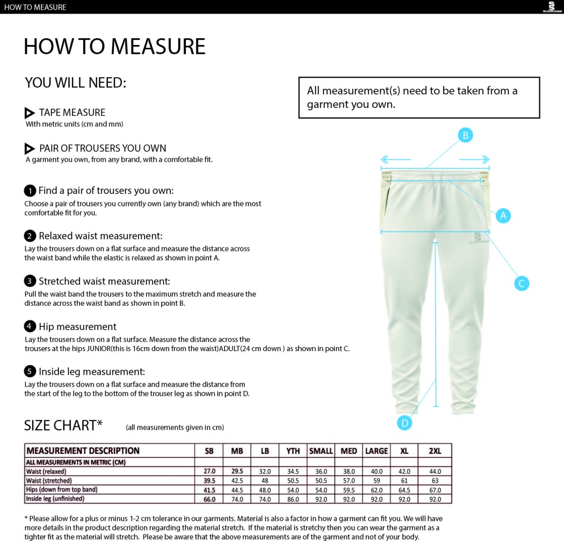 Stalbridge CC - Ergo Playing Pant - Size Guide