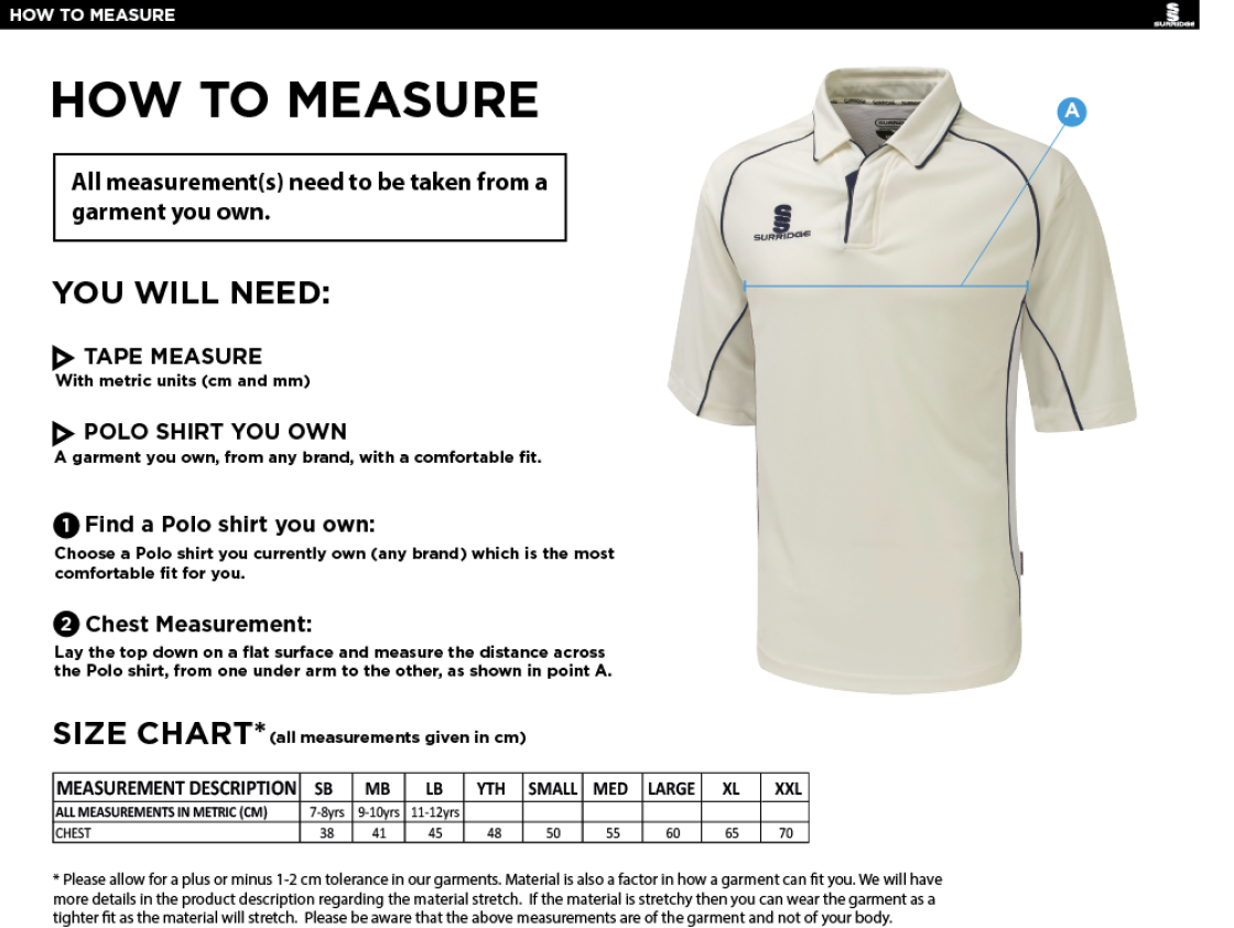 Stalbridge CC - Premier 3/4 Sleeved Shirt - Size Guide