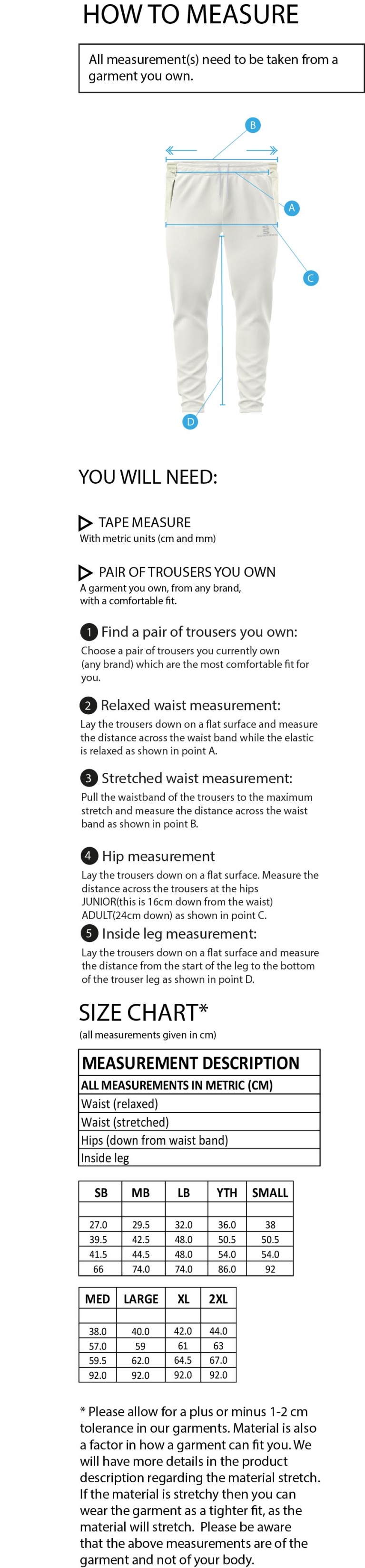 Stalbridge CC - Ergo Playing Pant - Size Guide